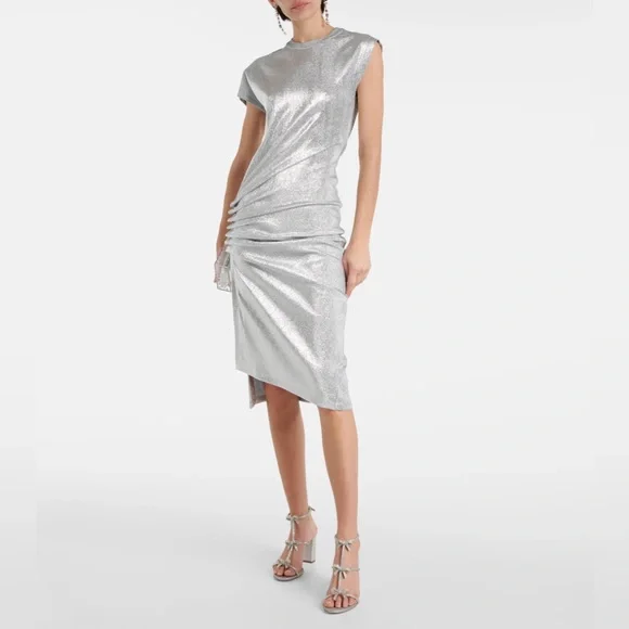 Paco Rabanne silver asymmetric ruched midi dress - Picture 15 of 15